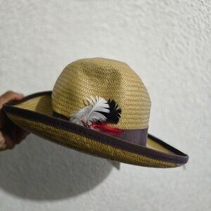 Vintage Park Royal Straw Hat With Feather Accent & Brown Band Size Small